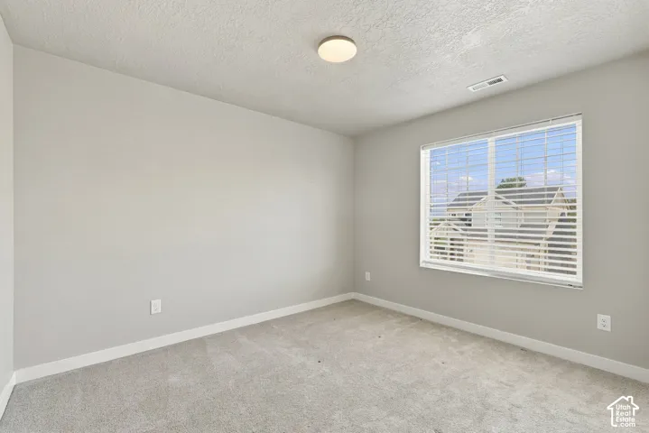 Neutral wall tones, wall-to-wall carpeting, and a single-pane window featuring horizontal blinds