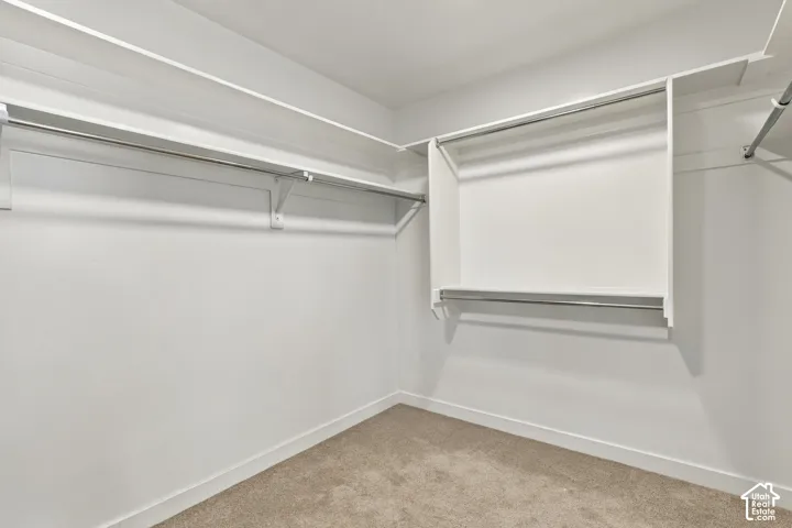 Walk-in closet featuring wall-to-wall carpeting, white shelving units, and dual-level metal hanging rods