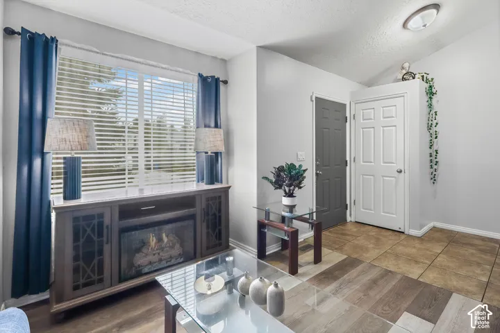 Large window with horizontal blinds, built-in electric fireplace console, wood-finish flooring, ceramic tile flooring, and six-panel interior doors