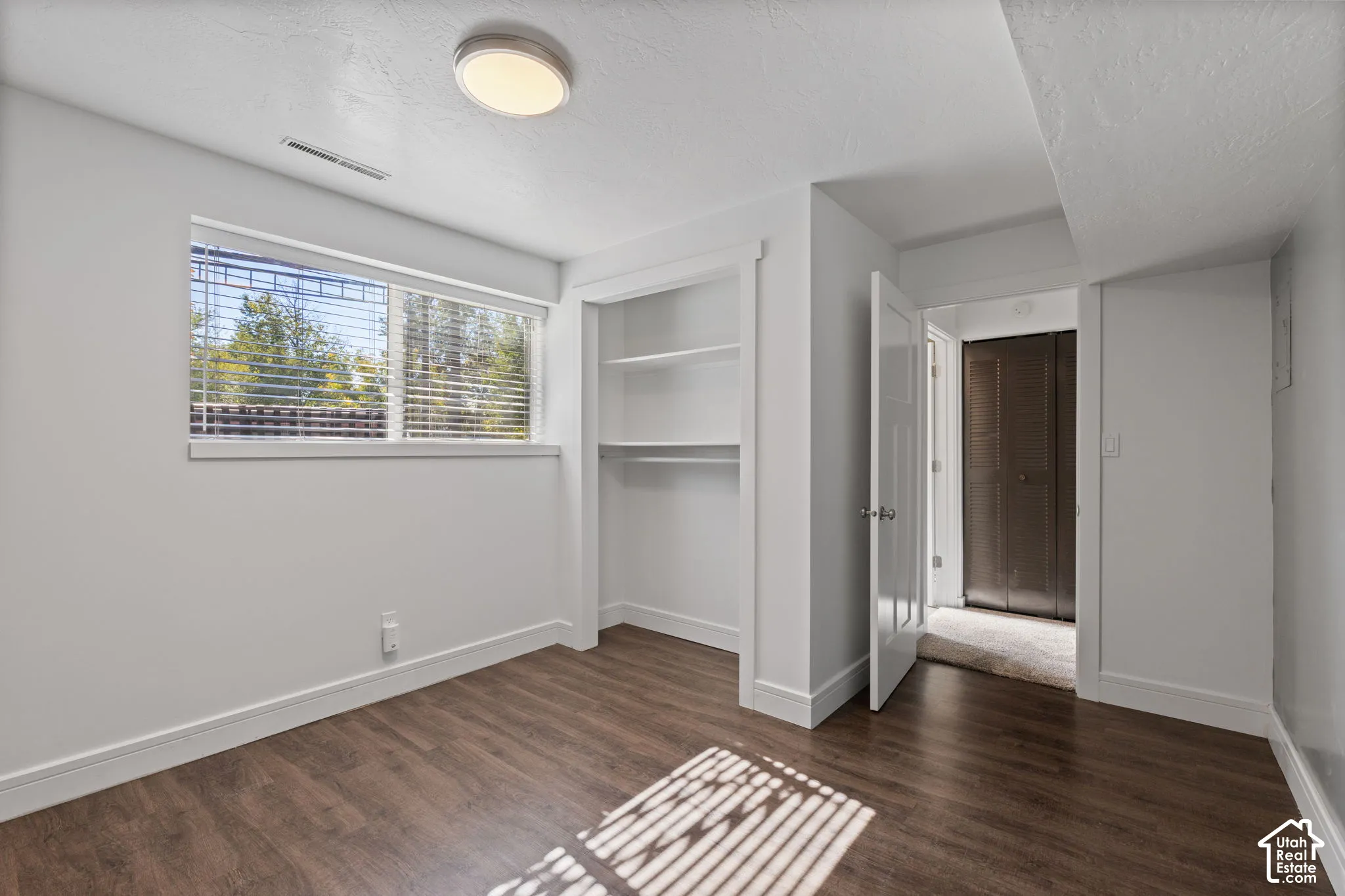 Room featuring wood-finish flooring, a built-in recessed closet with shelving, a large horizontal window, and a ceiling-mounted light fixture