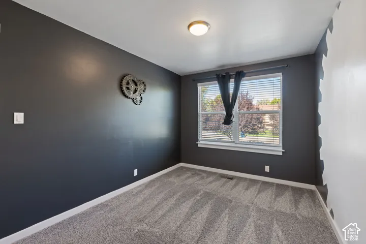 Bedroom featuring charcoal-painted walls, plush neutral carpeting, a large dual-pane window with white trim, and a ceiling-mounted flush-mount light fixture