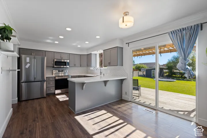 Kitchen featuring grey cabinetry, stainless steel appliances, white solid-surface countertops, wood-finish flooring, and sliding glass doors opening to an exterior wood deck