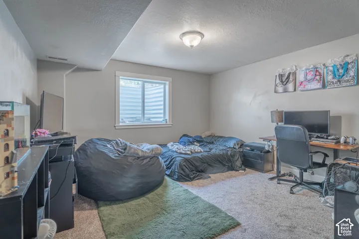 Neutral-toned interior space featuring wall-to-wall carpeting, recessed window well, and a flush-mount light fixture