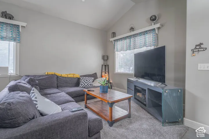 Vaulted ceiling, neutral wall color, carpeting, and windows featuring built-in shelf ledges