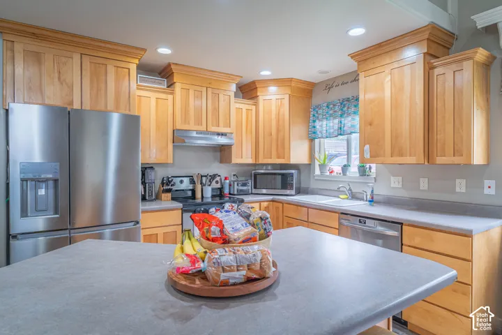 Kitchen featuring light wood cabinetry, a central island with a solid surface countertop, recessed ceiling lighting, and stainless steel appliances