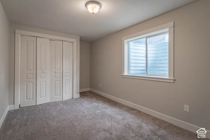 Neutral-toned interior featuring wall-to-wall carpeting, bi-fold closet doors, a window with an egress well, and overhead flush-mount lighting