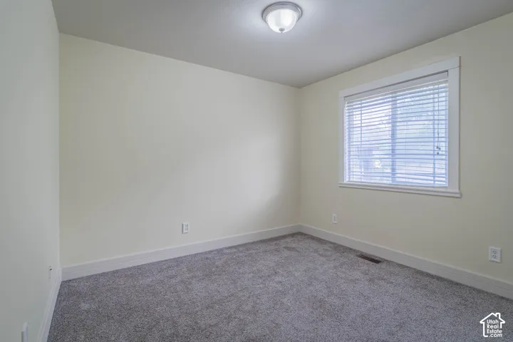 Room featuring neutral-toned wall paint, plush carpeting, a dual-pane window with horizontal blinds, and a central ceiling-mounted light fixture