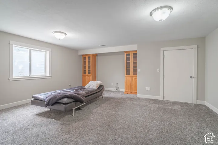 Neutral-toned interior featuring wall-to-wall carpeting, dual built-in wooden cabinetry, recessed window with trim, and two overhead flush-mount light fixtures
