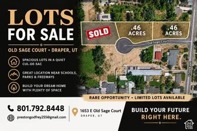 Real Estate Marketing Flyer. Illustrating land parcel dimensions and contact information for the property