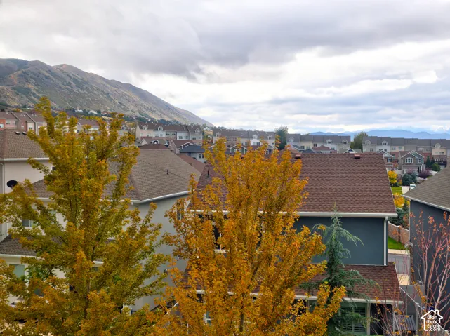 Elevated perspective featuring mountain scenery and mature trees
