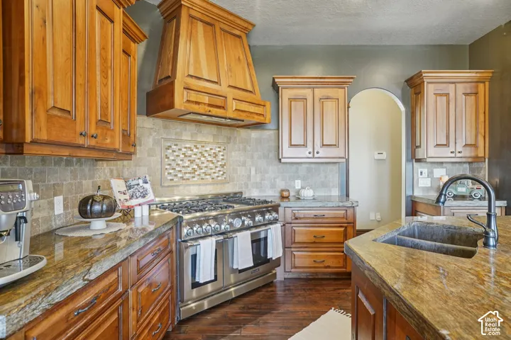 Custom wood cabinetry with crown molding, natural stone countertops, stainless steel professional-grade range, full tile backsplash with decorative inset, and a built-in double basin sink