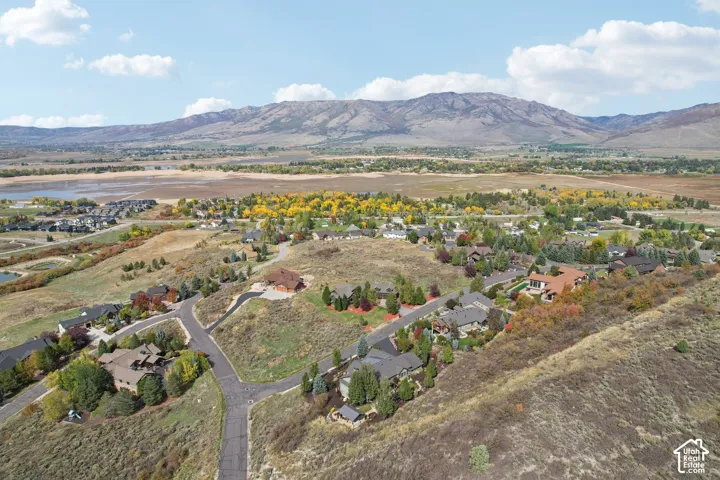 Residential development with varied architecture, established landscaping, and mountain backdrop