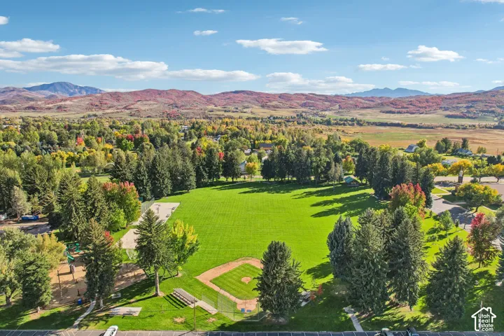 Expansive green space featuring a baseball diamond, playground, and mature trees