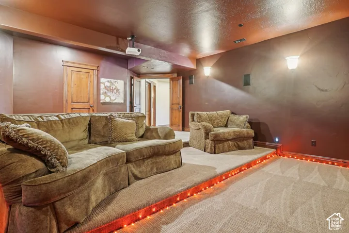 Projector with ceiling mount, built-in wall speakers, wall sconces, integrated step lighting, and wood-finish doors