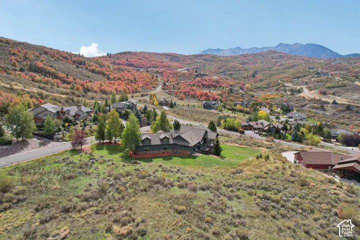 Expansive property with a verdant lawn, surrounded by natural landscaping, with a mountain backdrop