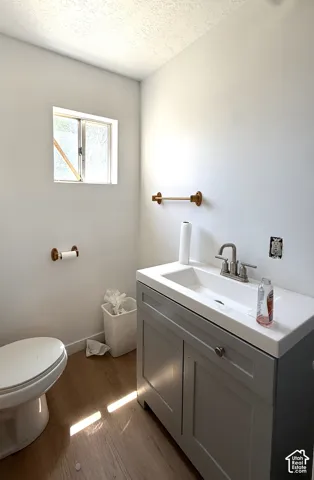 Grey vanity with a rectangular integrated sink, brushed metal faucet, and wood-finish flooring, complemented by matching metallic hardware and a single-pane window