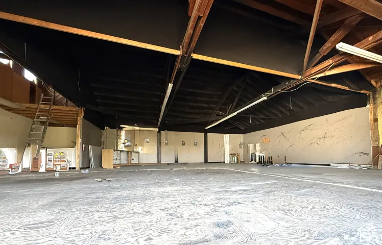 Open-concept interior featuring exposed wooden vaulted ceiling joists, expansive floor space, and built-in industrial lighting fixtures