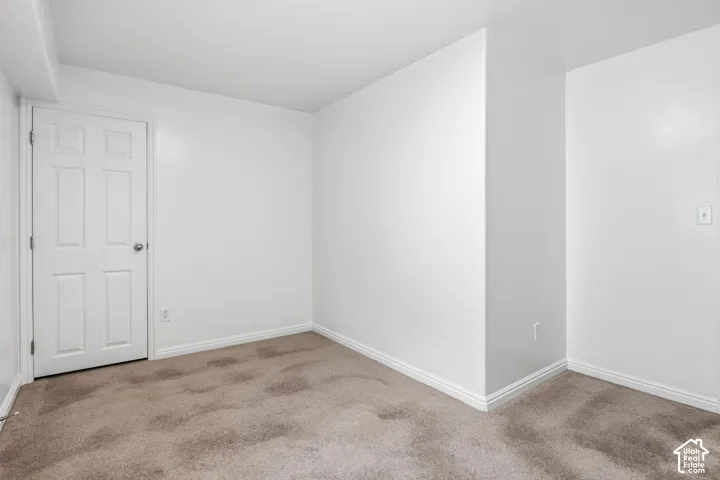 Interior space featuring neutral wall tones, wall-to-wall carpeting, and a four-panel interior door