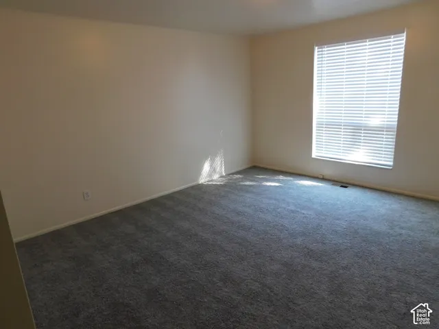 Neutral-toned interior space featuring plush wall-to-wall carpeting and an operable window fitted with horizontal blinds