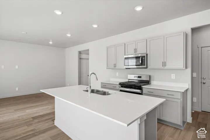 Kitchen featuring gray cabinetry, a central island with a dual-basin stainless steel sink, solid-surface countertops, recessed lighting, and wood-finish flooring