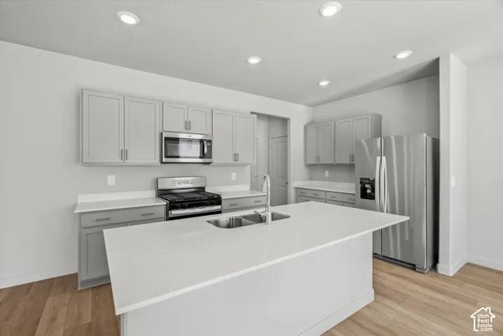 Kitchen featuring grey shaker-style cabinetry, quartz countertops, stainless steel appliances, a central island with a double-basin sink, and wood-finish flooring