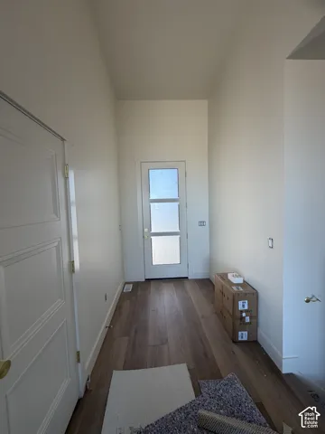 Entryway featuring high ceilings, wood-finish flooring, and a door with three horizontal frosted glass panels