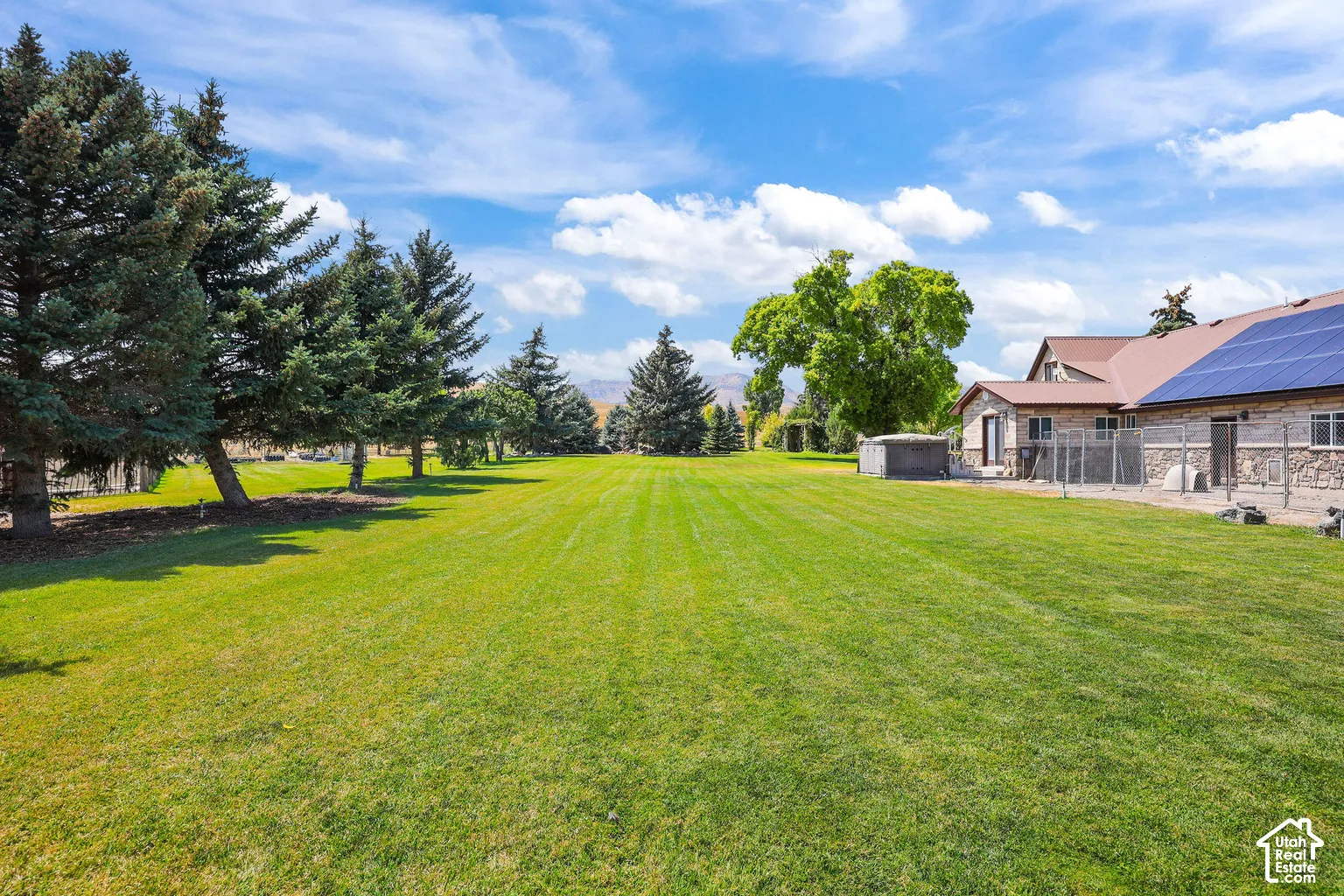 Expansive grounds featuring a manicured lawn, rows of mature evergreen trees, and solar panel arrays mounted on a metal roof