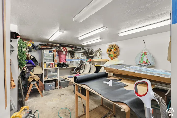 Storage room featuring concrete flooring, built-in shelving, and overhead fluorescent lighting