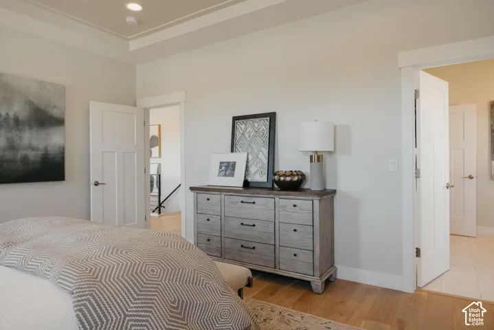 Tray ceiling with recessed lighting, neutral interior paint, wood-finish flooring, and shaker-style interior doors