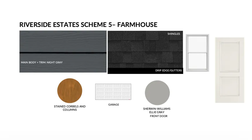 Design Specification Sheet. Outlining the material and color selections for the property exterior