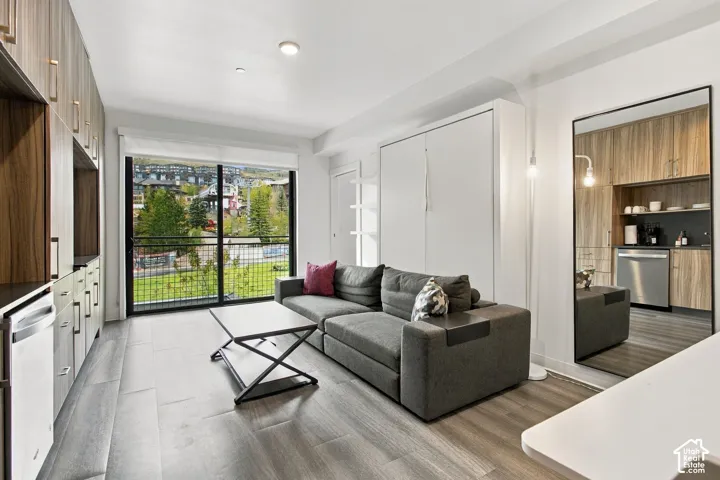 Floor-to-ceiling sliding glass doors, built-in light wood cabinetry, integrated stainless steel dishwasher, and wood-finish flooring