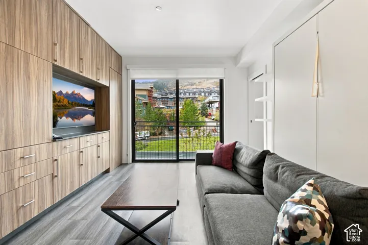 Built-in wood-finish cabinetry, wood-finish flooring, and floor-to-ceiling sliding glass doors with a metal railing