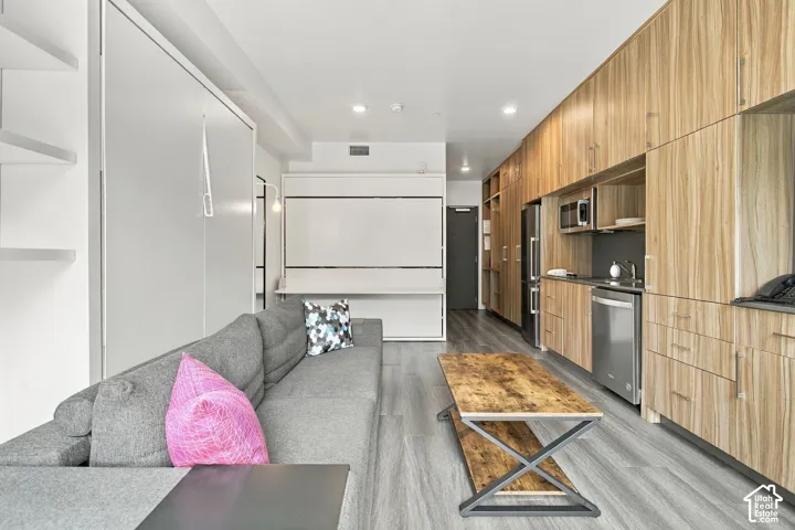 Contemporary studio interior featuring wood-finish cabinetry, stainless steel appliances, wood-finish flooring, and built-in storage solutions