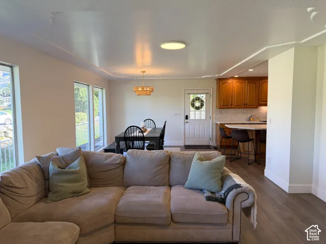 Open-concept interior featuring wood-finish flooring, recessed lighting, expansive multi-pane windows, built-in cabinetry, and a peninsula countertop