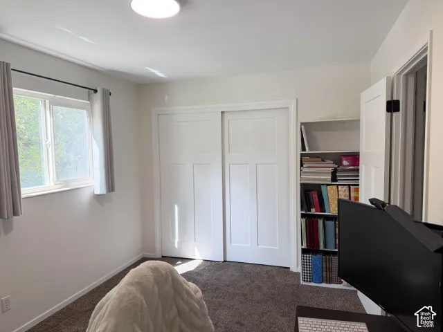 Neutral wall palette with carpeted flooring, sliding-panel closet doors, and built-in shelving