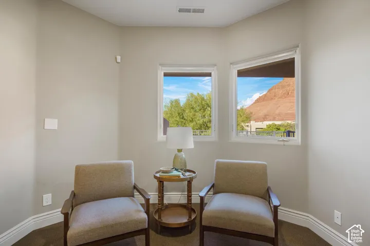 Angled walls featuring dual windows with mountain scenery