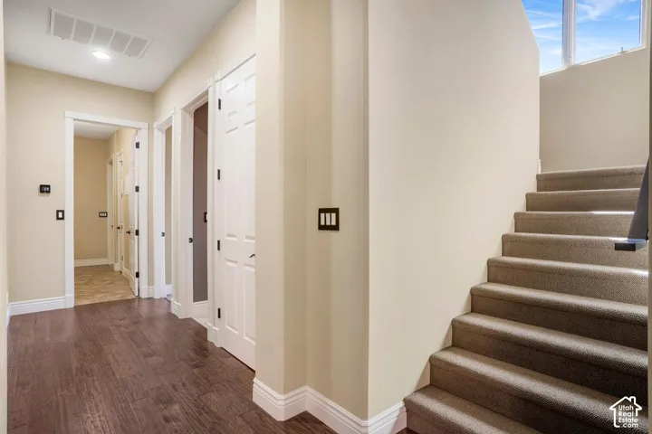 Entryway featuring wood-finish flooring, carpeted stairs, neutral wall paint, and natural light from an upper-level window