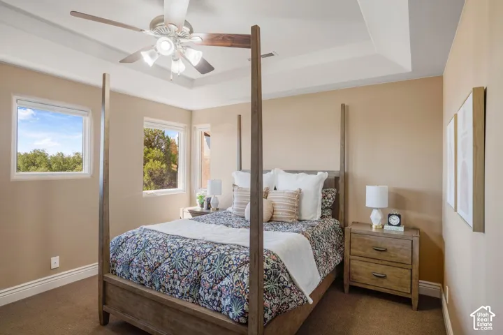 Tray ceiling featuring a central multi-blade ceiling fan with integrated lighting and wall-to-wall carpeting