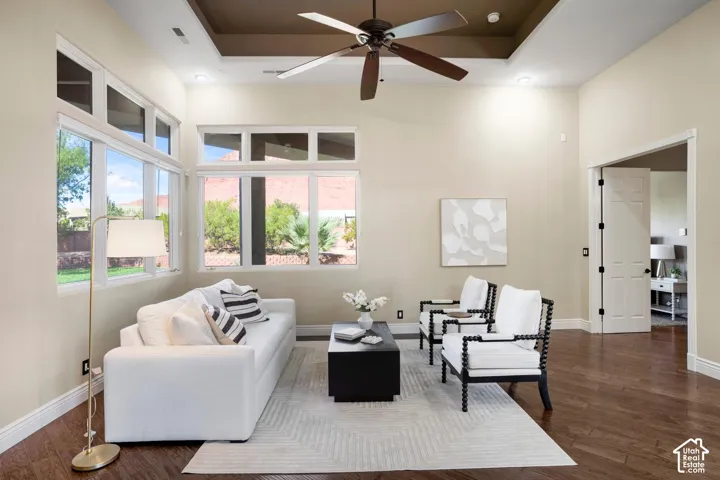 Tray ceiling featuring a dark-toned recessed inset, wood-finish flooring, oversized windows with transom accents, and a central ceiling fan
