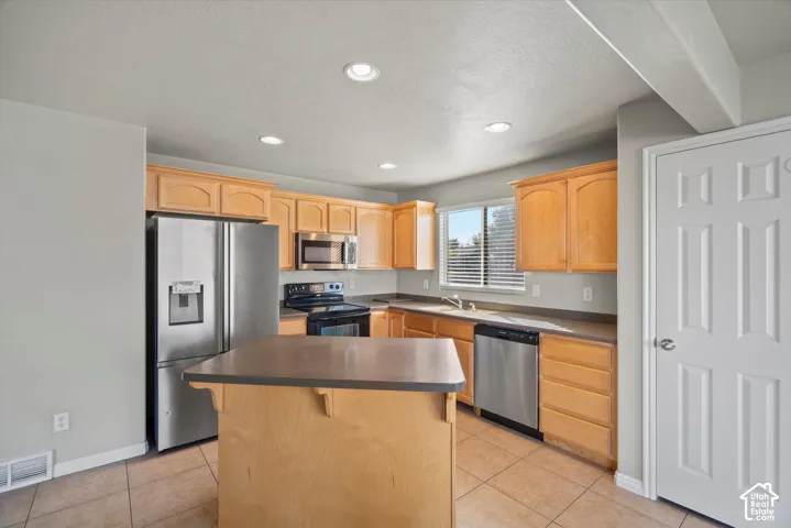 Kitchen featuring wood cabinetry, a center island with a solid surface countertop, stainless steel appliances, and tile flooring