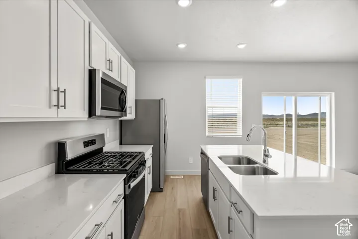 Kitchen featuring white shaker-style cabinetry, solid-surface countertops, wood-finish flooring, stainless steel appliances, and a center island with an undermount dual-basin sink