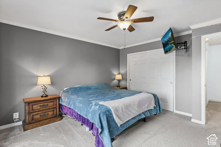 Neutral-toned interior featuring carpeting, crown molding, a central ceiling fan with integrated lighting, and a dual-panel sliding closet door
