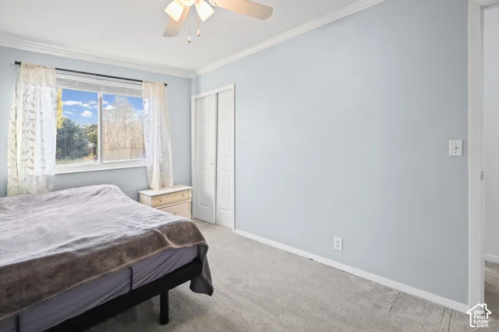 Neutral-toned bedroom with wall-to-wall carpeting, sliding closet doors, a white ceiling fan with integrated lighting, and a window with exterior scenery