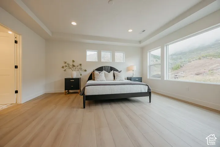Tray ceiling with recessed lighting, wood-finish flooring, and expansive windows featuring mountain scenery