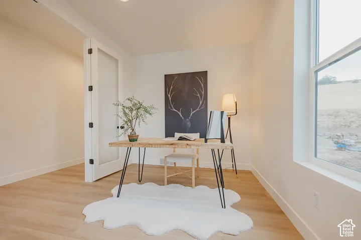 Interior room featuring wood-finish flooring, a large window with natural lighting, and a frosted-glass panel door with black hardware