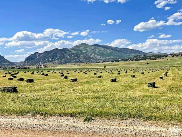 Expansive acreage featuring established hay bales and a prominent mountain backdrop