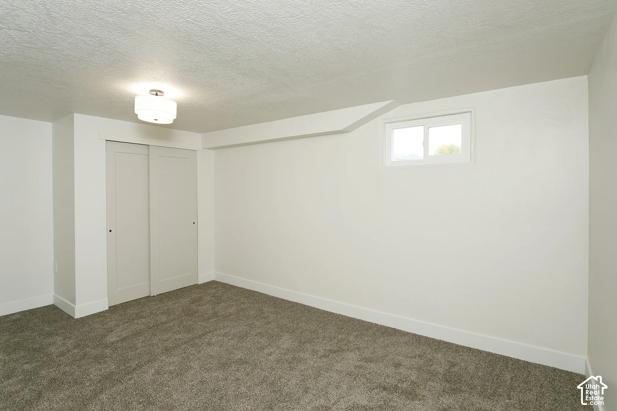 Neutral-toned interior featuring wall-to-wall carpeting, sliding panel closet doors, a horizontal sliding window, and a flush-mount ceiling fixture