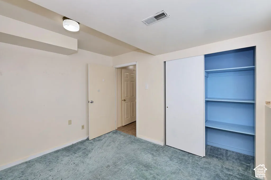 Interior room featuring wall-to-wall carpeting, a sliding-door closet with built-in shelving, and a ceiling-mounted light fixture