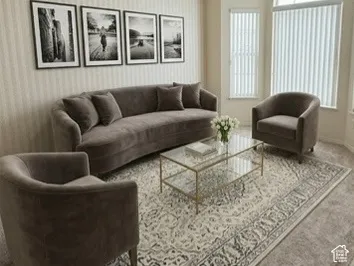 Vaulted ceilings, expansive bay window with an arched transom, vertical blinds, textured wall coverings, and neutral carpeting