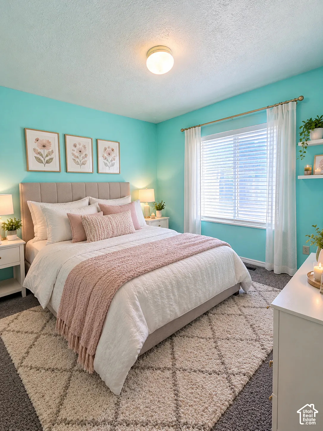 Room featuring wall-to-wall carpeting, horizontal window blinds, and two wall-mounted floating shelves